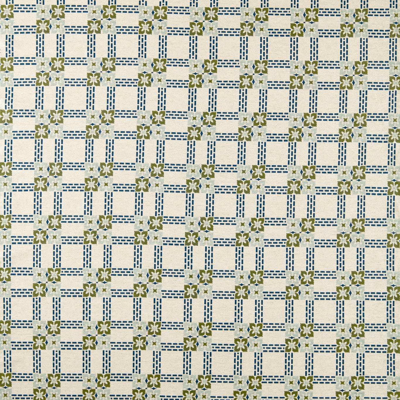 Cream woven fabric with indigo dashed grid and olive floral motifs