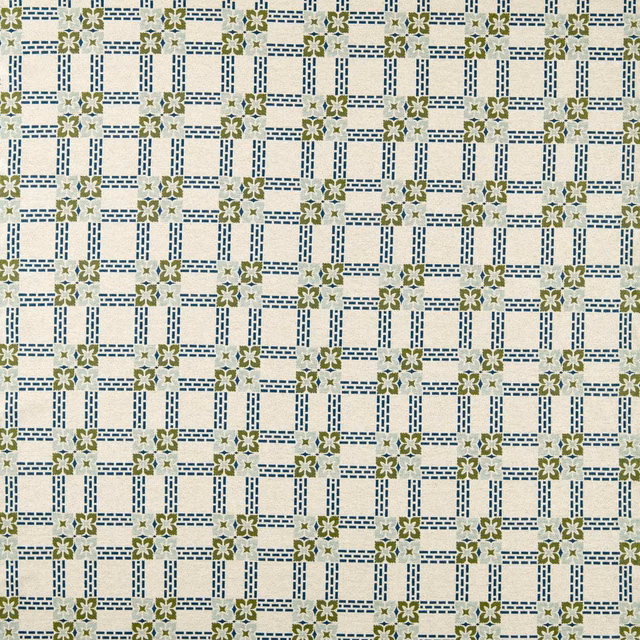 Cream woven fabric with indigo dashed grid and olive floral motifs