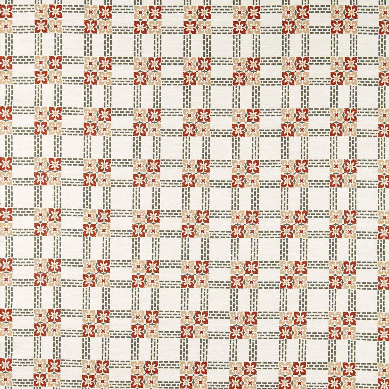Cream woven check with russet floral crosses and muted thyme dashed lines