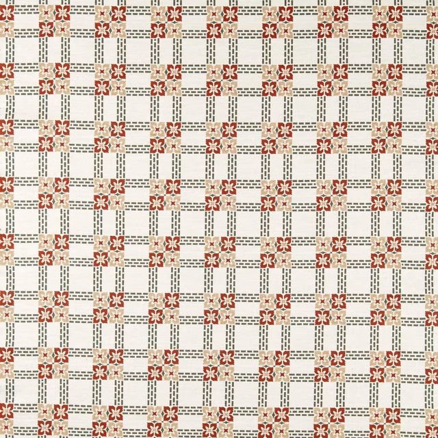 Cream woven check with russet floral crosses and muted thyme dashed lines