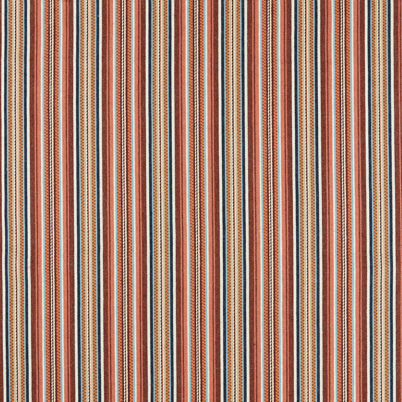 Close-up of mulberry, teal and cream fine vertical woven stripes