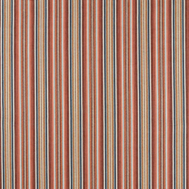 Close-up of mulberry, teal and cream fine vertical woven stripes