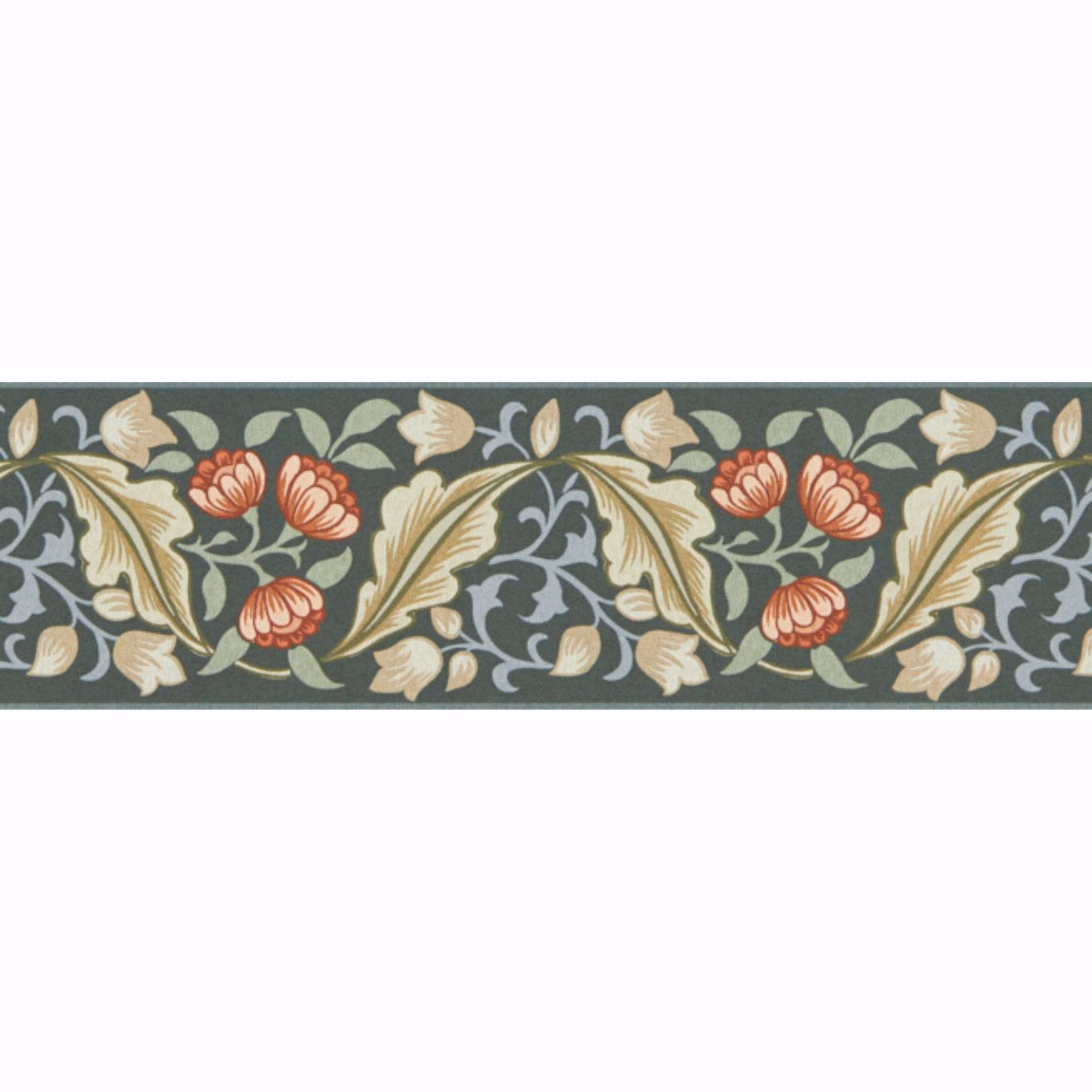 Bayleaf green wallpaper border with coral peonies and cream botanical scrolling foliage
