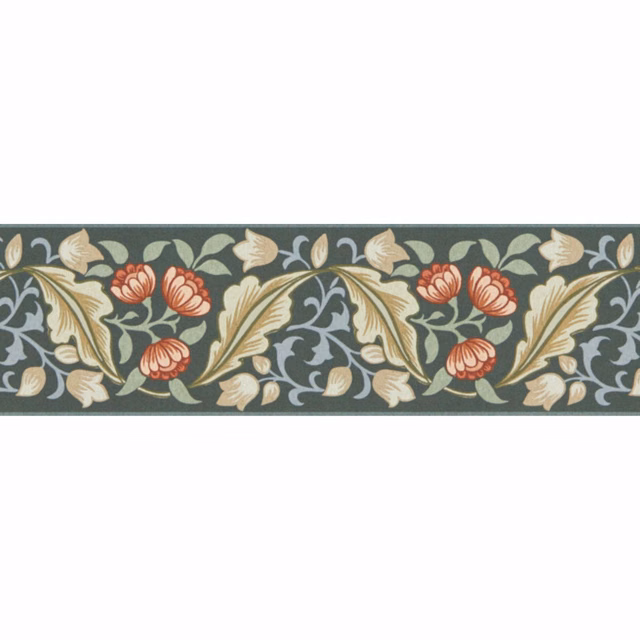Bayleaf green wallpaper border with coral peonies and cream botanical scrolling foliage
