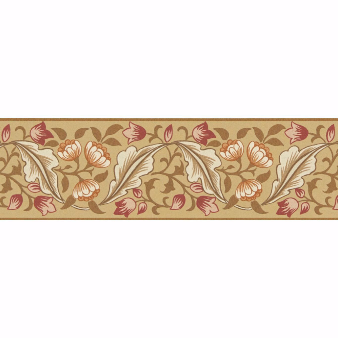 Antique gold floral wallpaper border with cream leaves and madder-red blooms