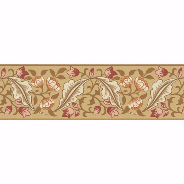 Antique gold floral wallpaper border with cream leaves and madder-red blooms