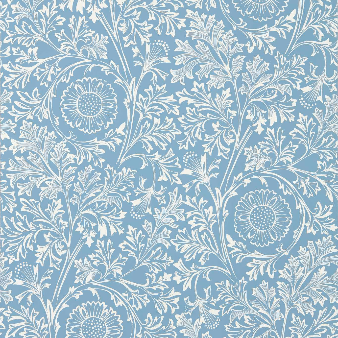 China blue wallpaper with ivory scrolling foliage and large stylised flowers