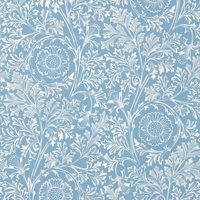 China blue wallpaper with ivory scrolling foliage and large stylised flowers