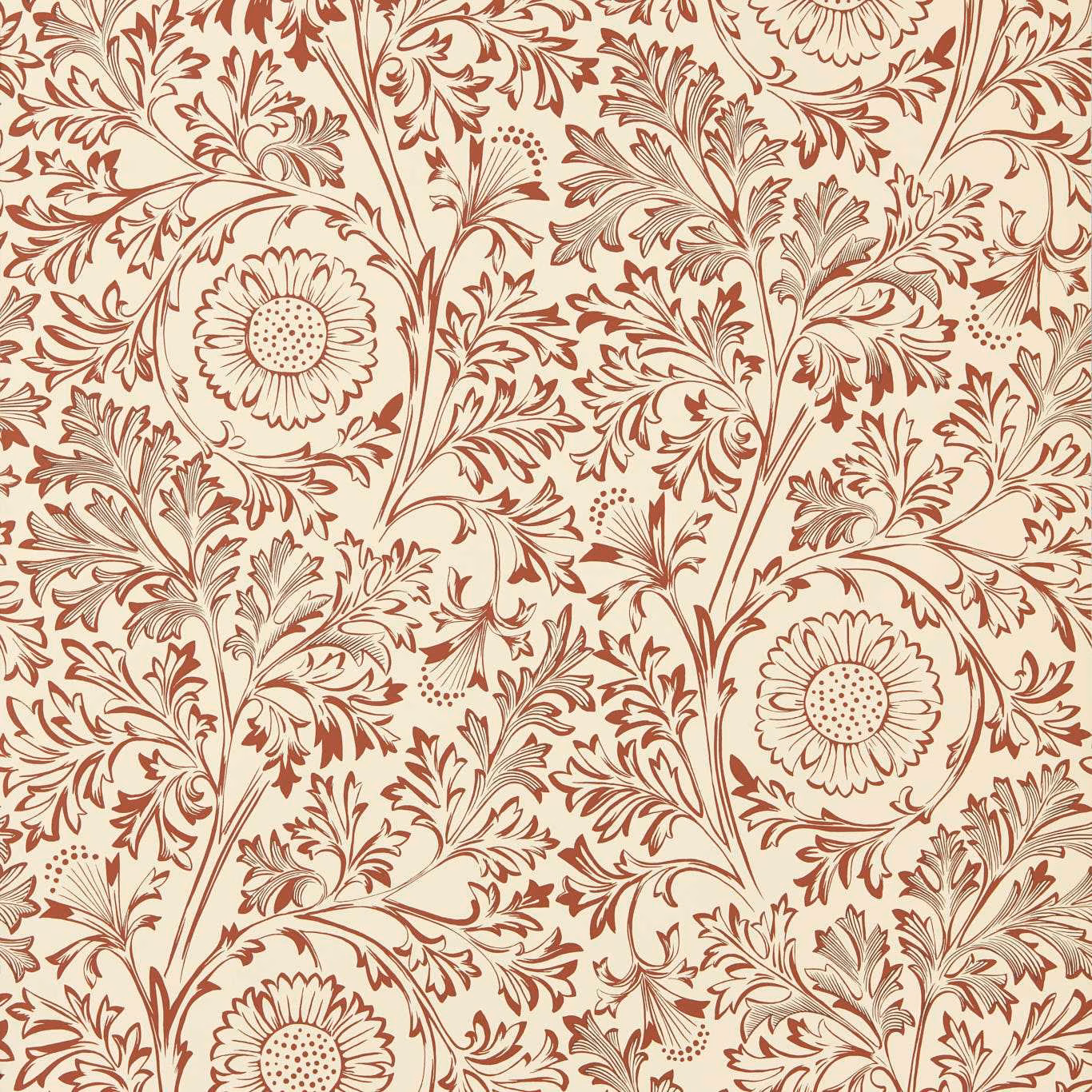 Flax wallpaper with madder-red daisies, scrolling leaves and fine taupe botanical detail