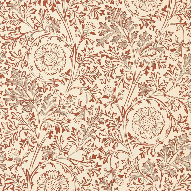 Flax wallpaper with madder-red daisies, scrolling leaves and fine taupe botanical detail