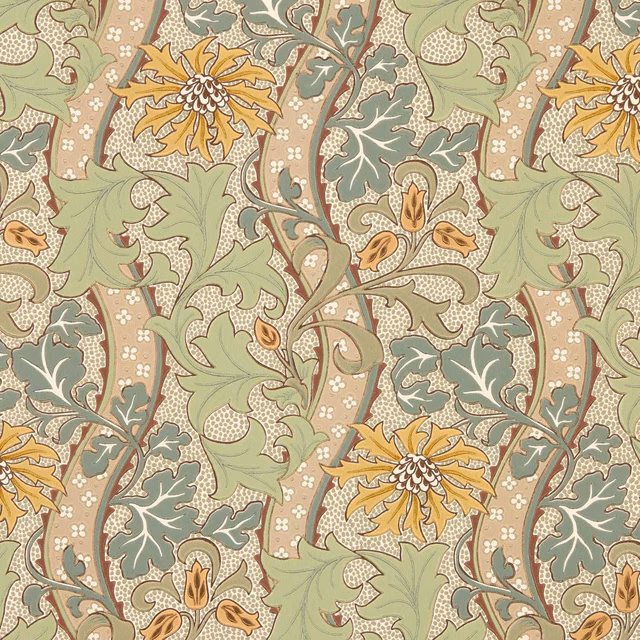 Sage and cornflower scrolling leaves with lemon flowers on a beige ground