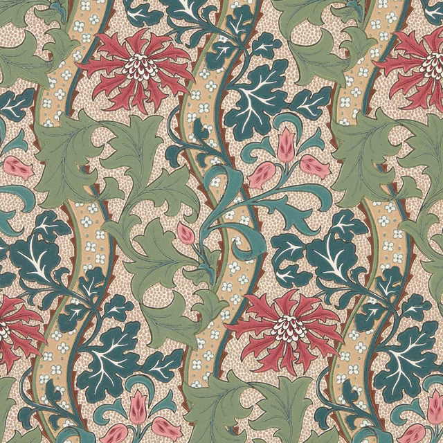 Sage, teal and madder scrolling flowers on a warm tan ground