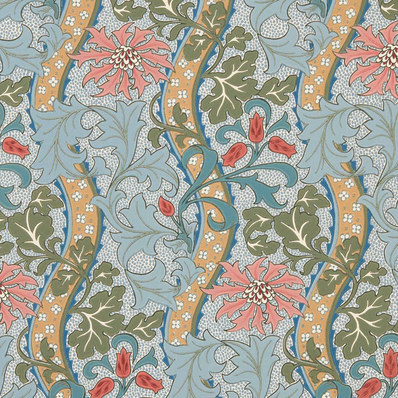 Cornflower blue wallpaper with rose flowers, olive leaves and ochre striped stems