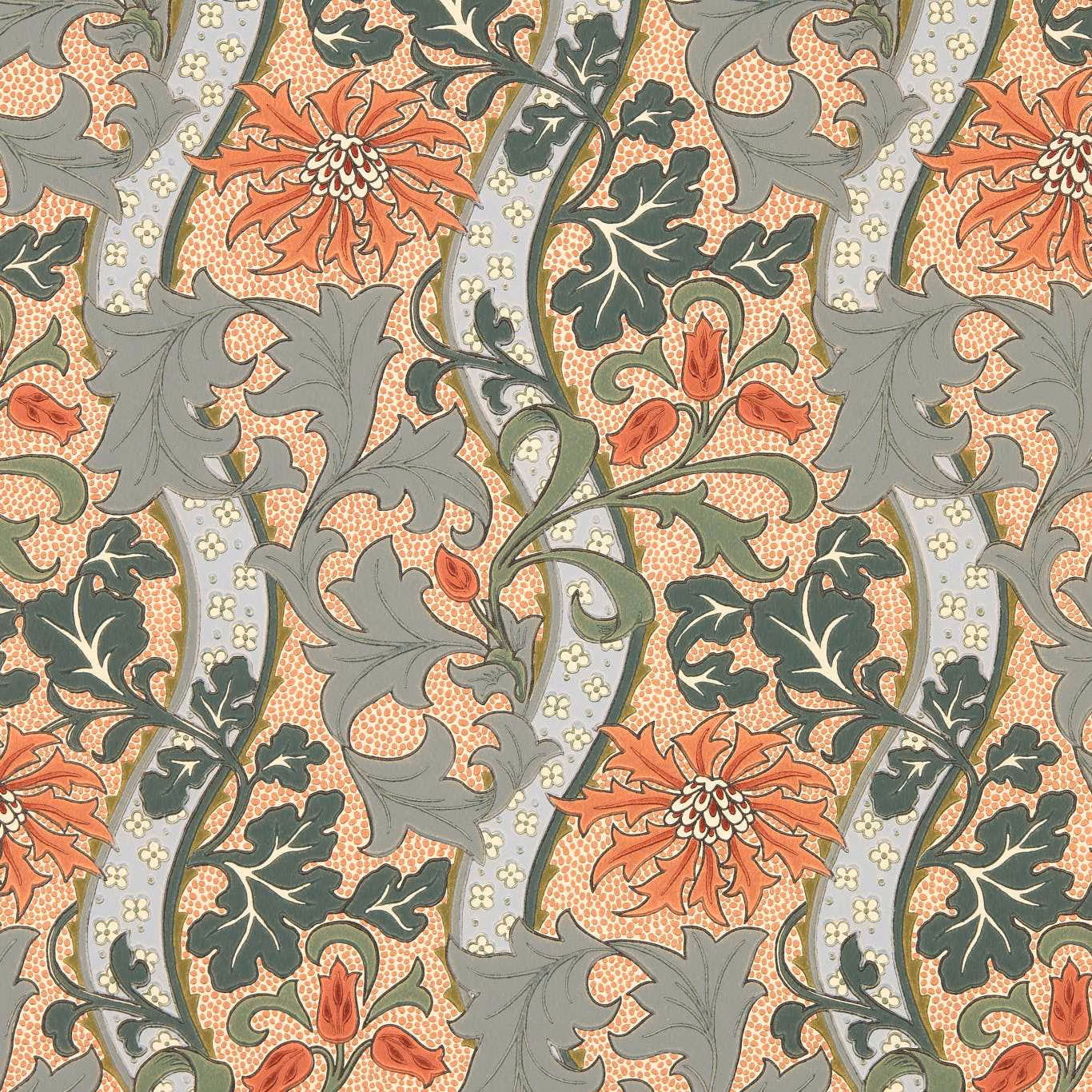Blue-grey wallpaper with russet flowers, teal leaves and cream botanical details