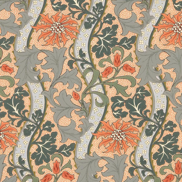 Blue-grey wallpaper with russet flowers, teal leaves and cream botanical details