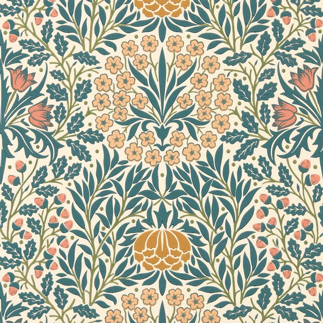 Madder and teal botanical wallpaper with ochre flowers on a warm cream ground