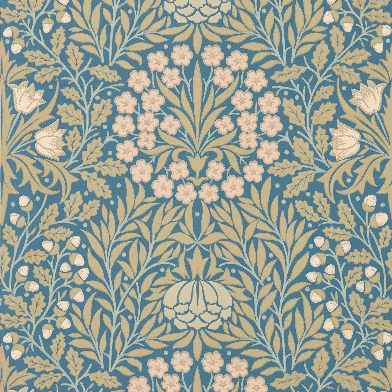 Powder-blue wallpaper with blush flowers, cream leaves and symmetrical botanical stems