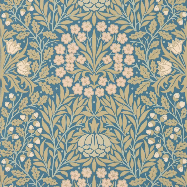 Powder-blue wallpaper with blush flowers, cream leaves and symmetrical botanical stems