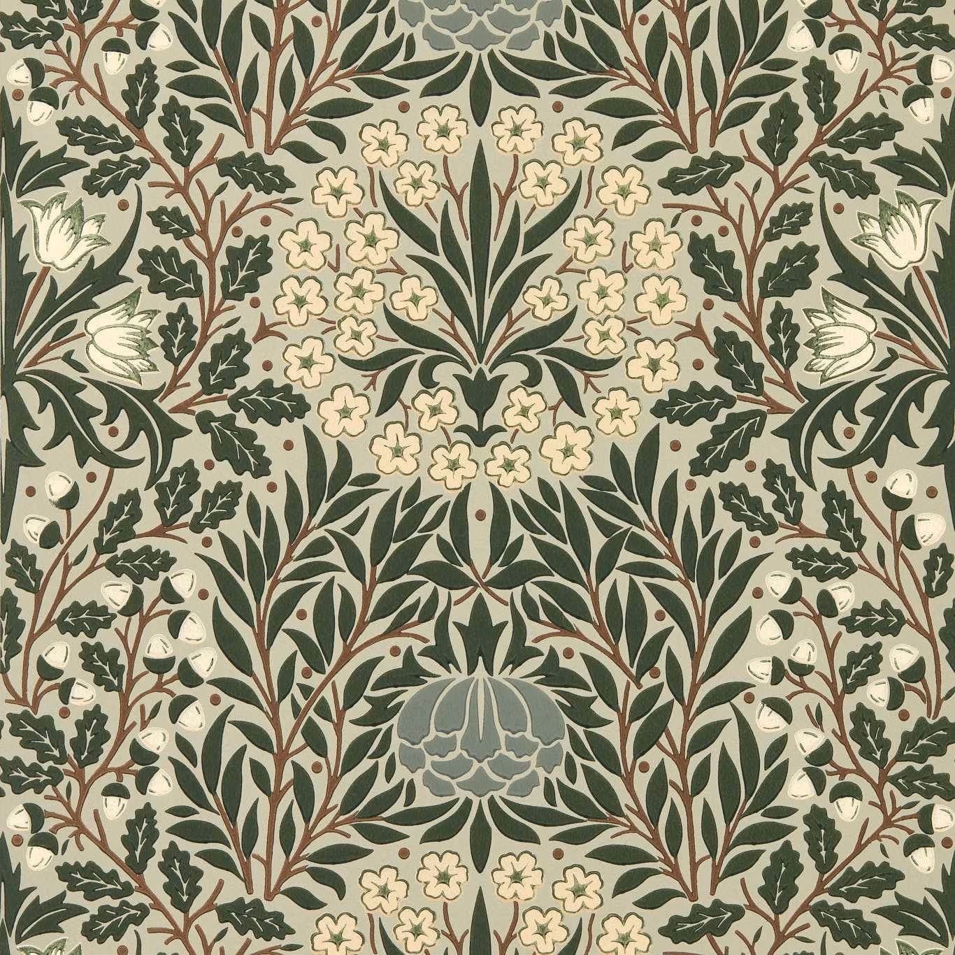 Sage and forest botanical wallpaper with cream flowers and blue-grey thistle motifs
