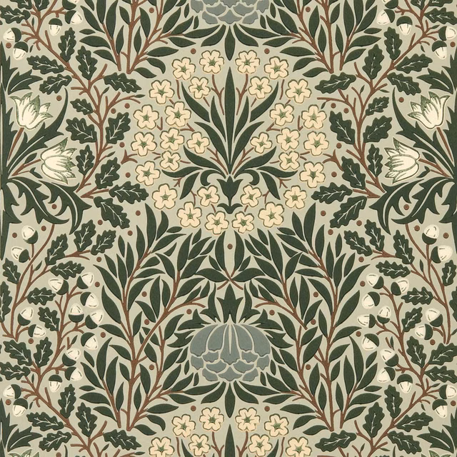 Sage and forest botanical wallpaper with cream flowers and blue-grey thistle motifs