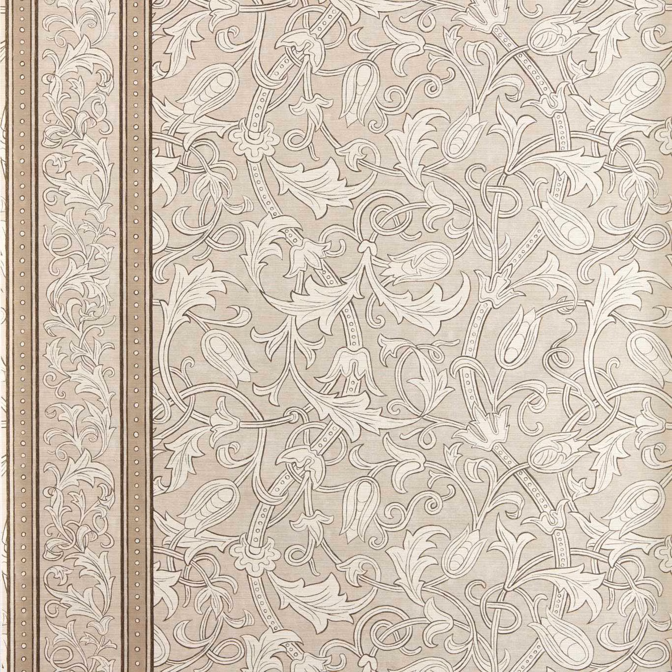 Warm parchment wallpaper with ivory scrolling tulips and narrow botanical border