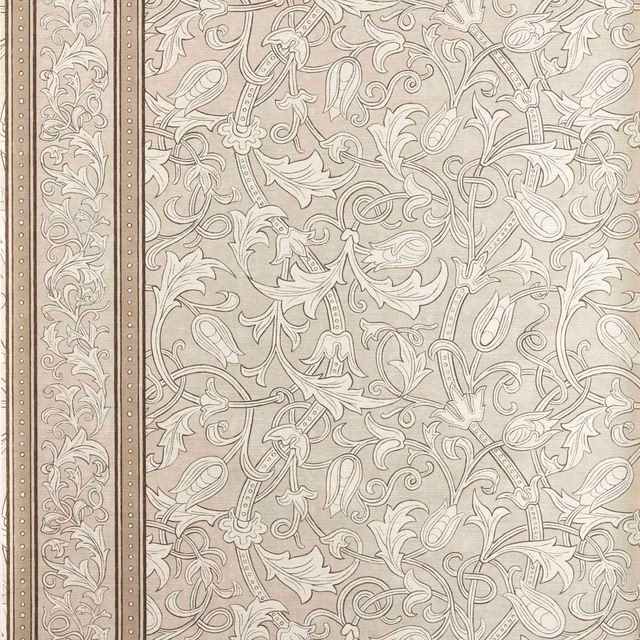 Warm parchment wallpaper with ivory scrolling tulips and narrow botanical border