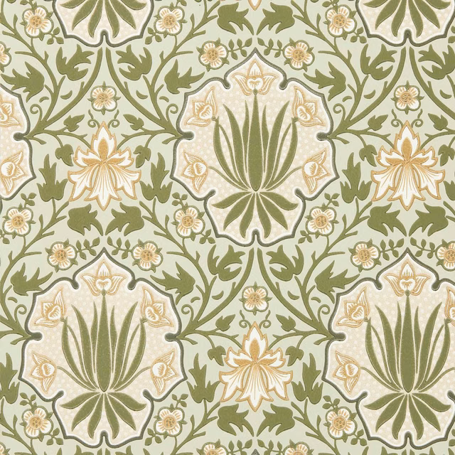 Muted bayleaf iris and scrolling foliage with cream and weld-gold floral details