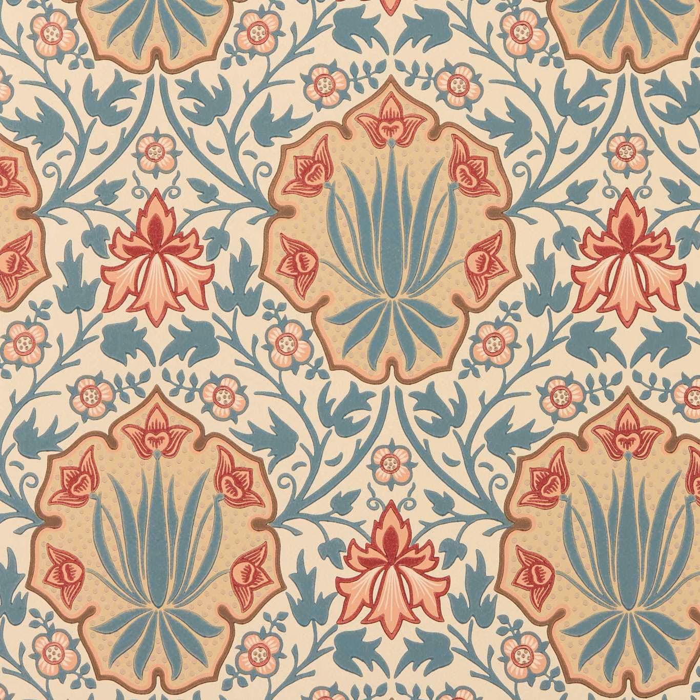 Cream wallpaper with indigo foliage and crimson floral medallions