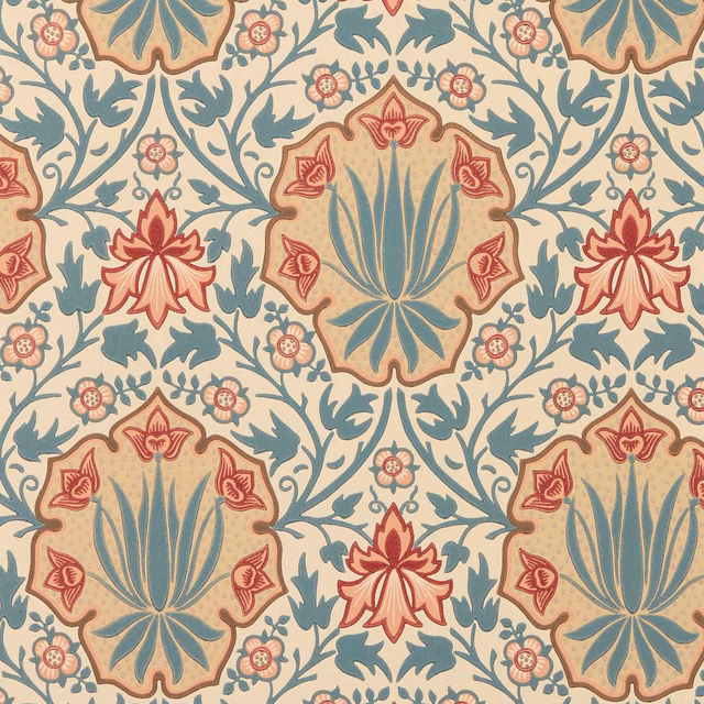 Cream wallpaper with indigo foliage and crimson floral medallions