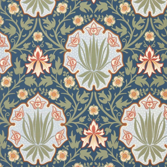 Indigo wallpaper with pale thyme floral medallions and coral rose accents