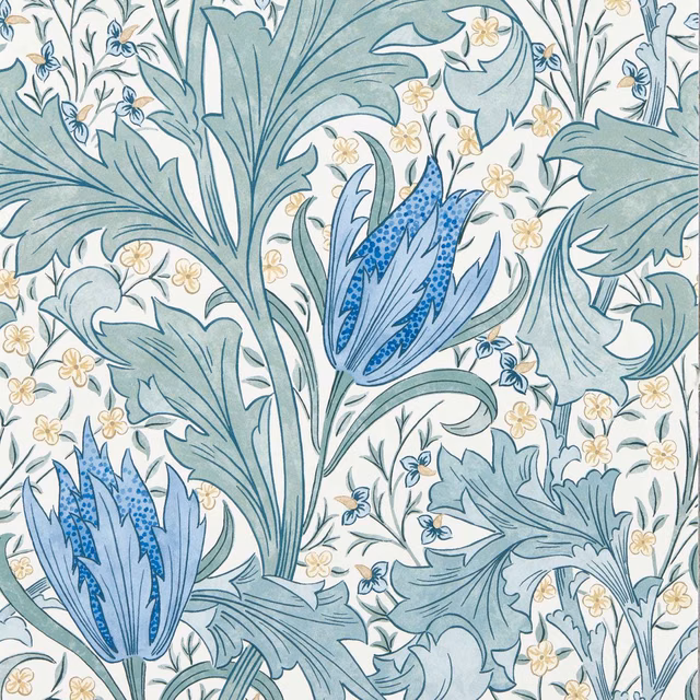 Cornflower blue lilies and sage foliage on a creamy botanical wallpaper ground