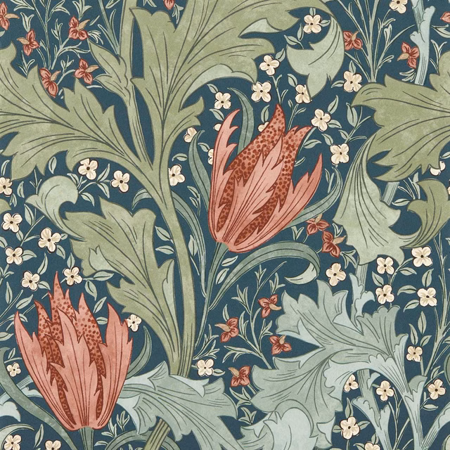 Indigo wallpaper with sage foliage, madder lilies and tiny cream flowers