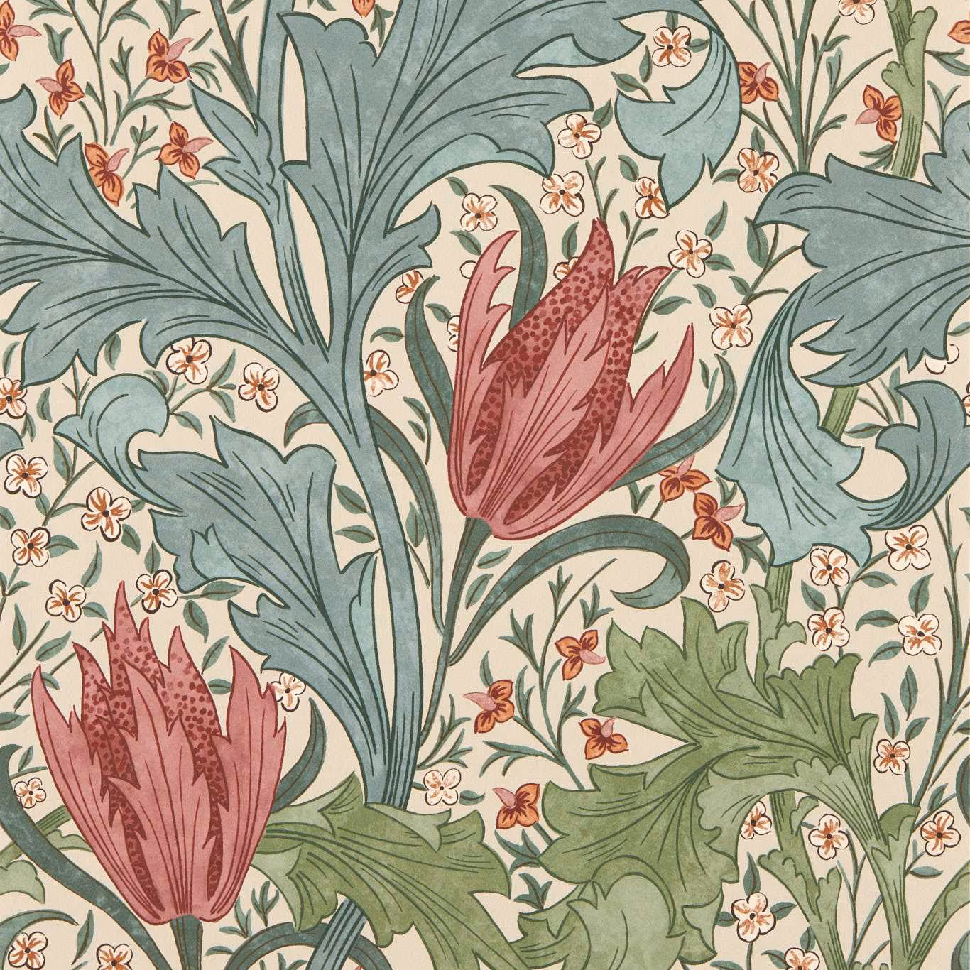Plum tulips, blue-green bayleaf foliage and tiny coral flowers on a cream ground