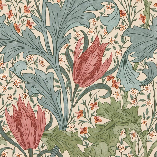 Plum tulips, blue-green bayleaf foliage and tiny coral flowers on a cream ground