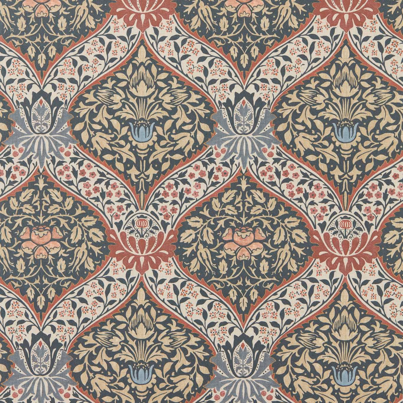 Brick red and teal damask diamonds with cream foliage on a charcoal ground