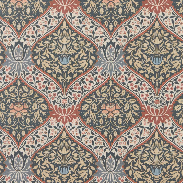 Brick red and teal damask diamonds with cream foliage on a charcoal ground