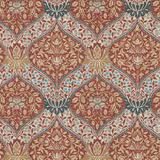 Madder and slate damask wallpaper with cream floral diamonds and fine botanical detailing