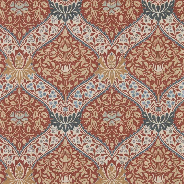 Madder and slate damask wallpaper with cream floral diamonds and fine botanical detailing