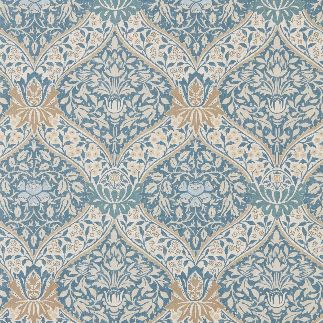 Muted woad-blue wallpaper with cream floral diamonds and taupe botanical accents