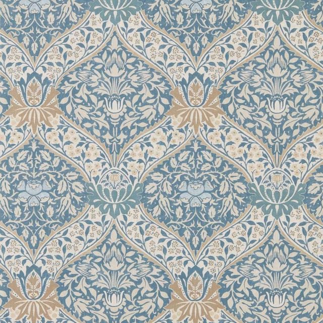 Muted woad-blue wallpaper with cream floral diamonds and taupe botanical accents
