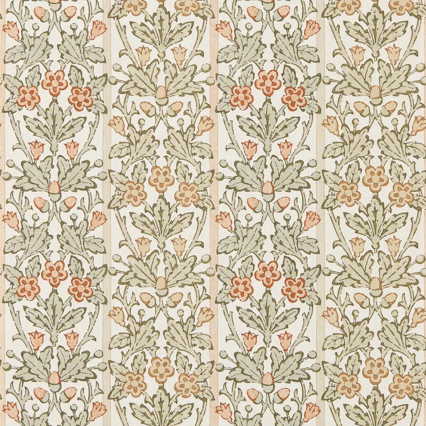 Cream wallpaper with sage foliage and chestnut, blush and primrose flowers
