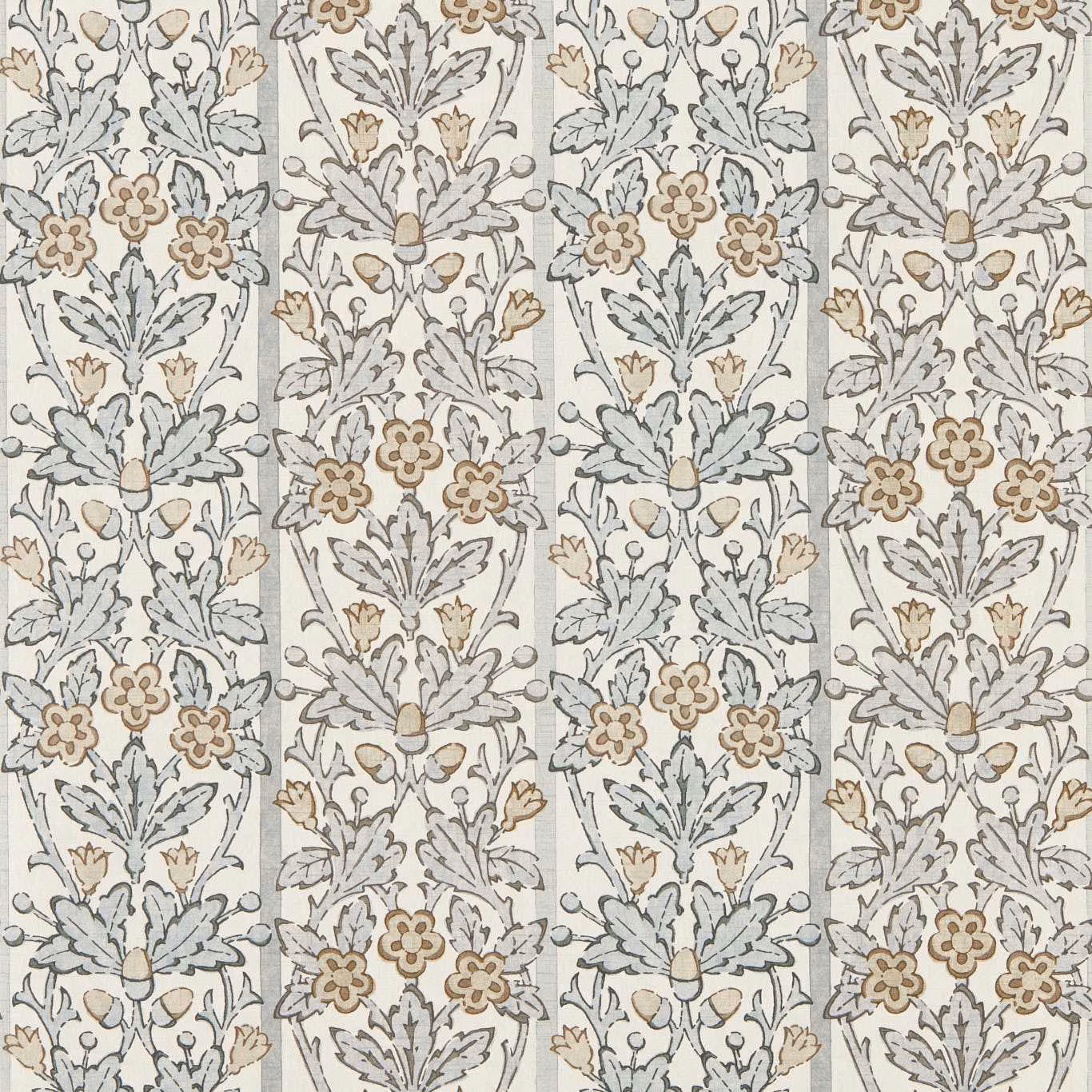 Mineral blue and beige floral columns on a softly textured linen wallpaper ground