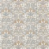 Mineral blue and beige floral columns on a softly textured linen wallpaper ground
