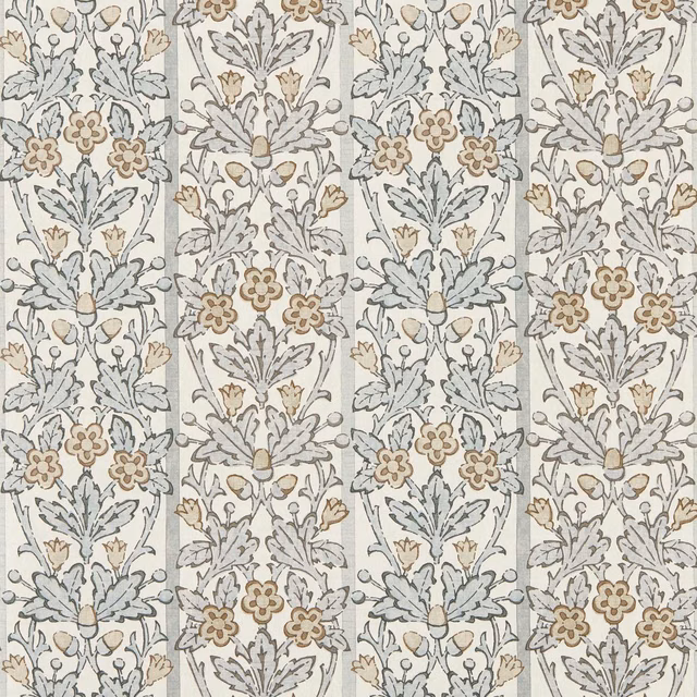 Mineral blue and beige floral columns on a softly textured linen wallpaper ground