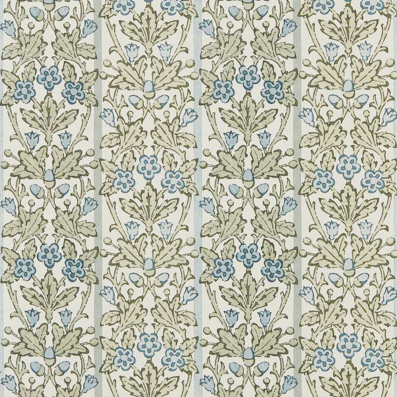 Cream wallpaper with sage foliage and muted woad-blue blossoms in vertical botanical bands