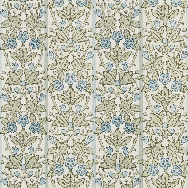 Cream wallpaper with sage foliage and muted woad-blue blossoms in vertical botanical bands