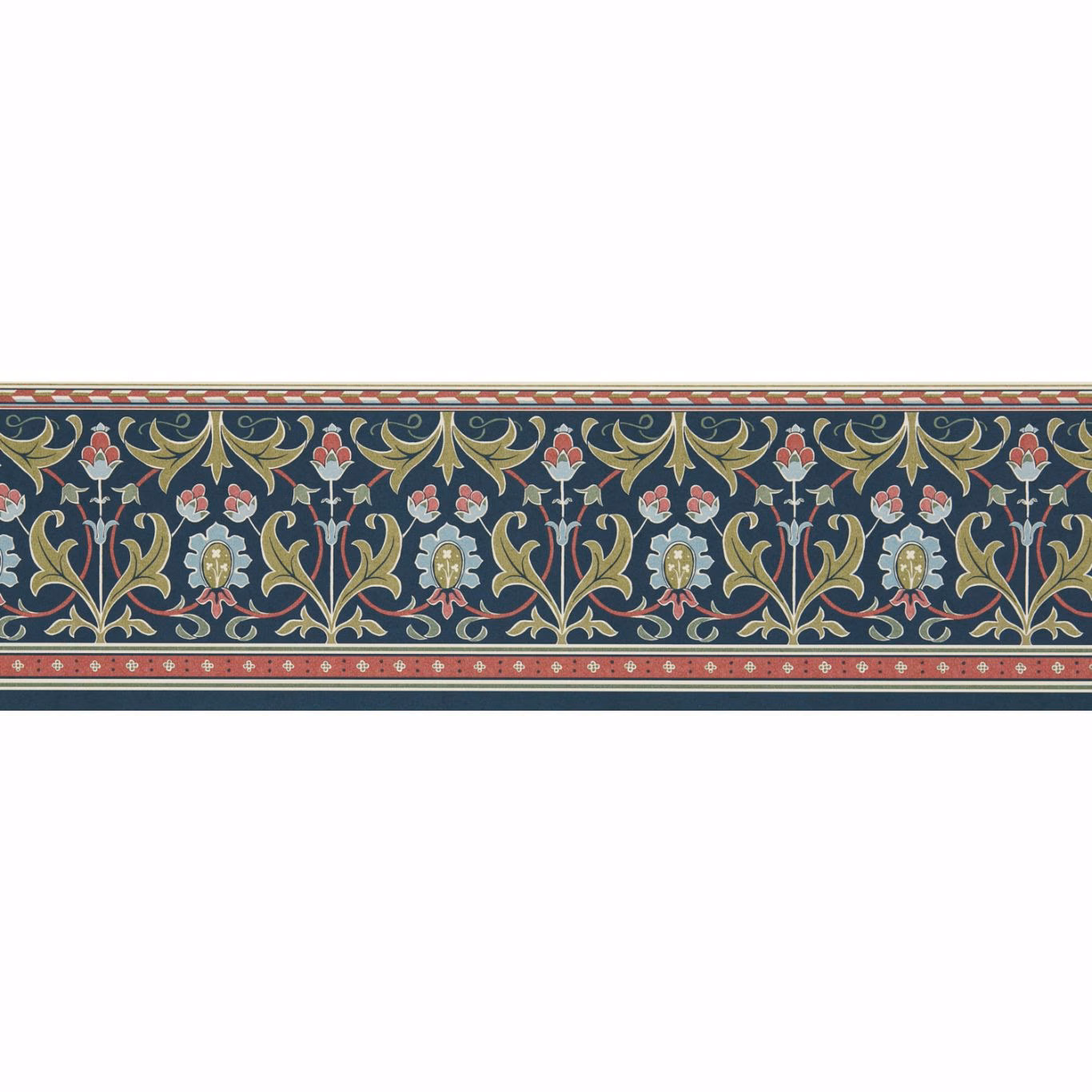 Deep indigo frieze with olive scrolling leaves, coral flowers and cream medallions