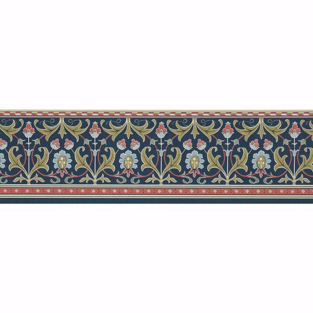Deep indigo frieze with olive scrolling leaves, coral flowers and cream medallions