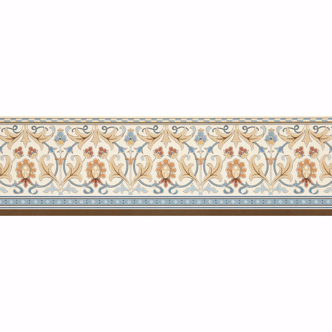 Linen and woad ornamental frieze with muted red flowers and scrolling foliage