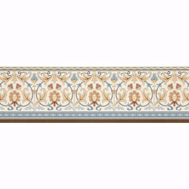Linen and woad ornamental frieze with muted red flowers and scrolling foliage